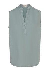Light blue sleeveless top with a banded collar, featuring a subtle textured fabric and a vertical placket for closure.