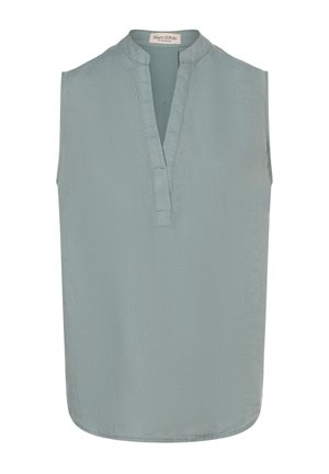 Light blue sleeveless top with a banded collar, featuring a subtle textured fabric and a vertical placket for closure.