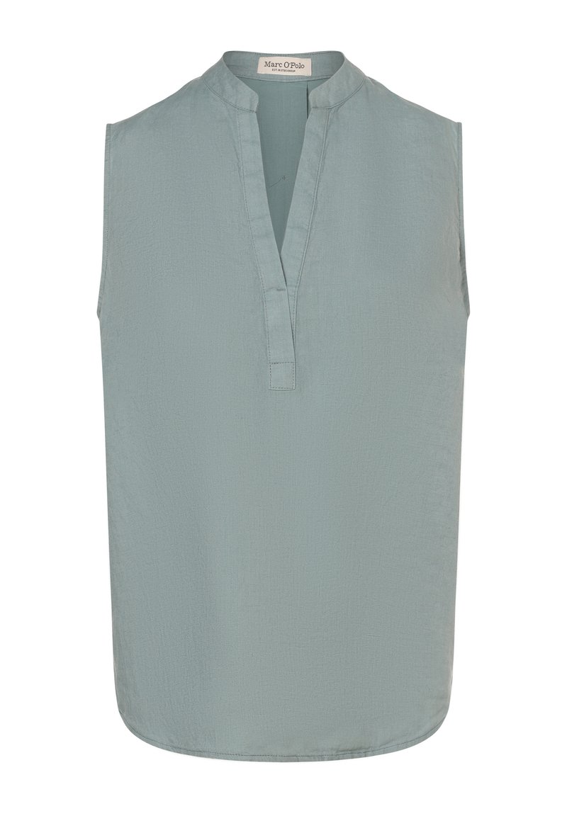 Light blue sleeveless top with a banded collar, featuring a subtle textured fabric and a vertical placket for closure.