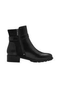 Bottines noires à zip latéral, petit talon empilé, panneau arrière texturé et sangle décorative autour de la cheville.