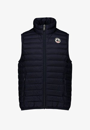 Marineblauwe gewatteerde mouwloze bodywarmer met een ritssluiting aan de voorkant en een ronde logopatch op de linkerborst.