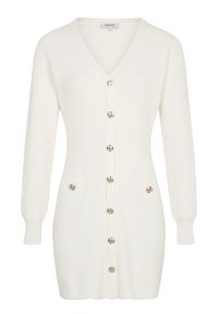 Cardigan bianco a maglia con scollo a V, maniche lunghe e chiusura centrale con bottoni. Presenta bottoni metallici e due tasche anteriori.