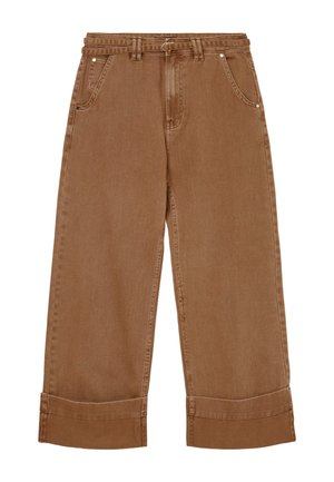 Braune, cropped weit geschnittene Jeanshose mit einem taillierten Bund, zwei vorderen Taschen und umgekrempelten Säumen. Glatte Textur in einer einheitlichen Farbe.