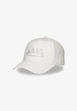 Gorra blanca de béisbol con un logo decorado con pedrería en la parte frontal, diseño de seis paneles y visera precurvada.