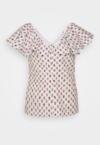 Blusa leggera con motivo floreale, maniche corte e volants, design a scollo a V e uno sfondo crema con fiori rosa e rossi.