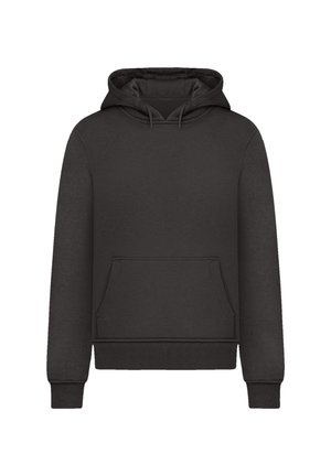 Pullover-Hoodie aus dunkelgrauem Stoff mit einer geräumigen Fronttasche, gerippten Bündchen und Saum sowie einer verstellbaren Kapuze mit Kordelzug.