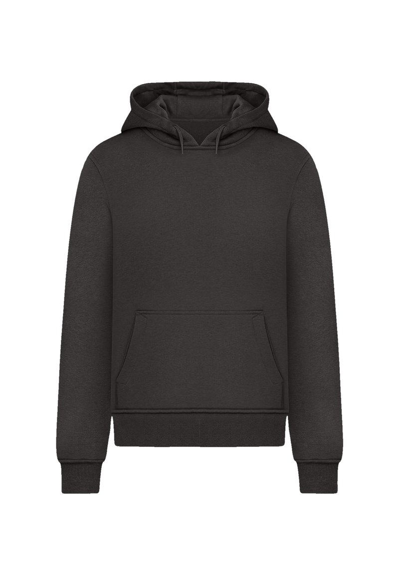Pullover hoodie in dark gray fabric, featuring a spacious front pouch pocket, ribbed cuffs, and hem, with a drawstring-adjustable hood.