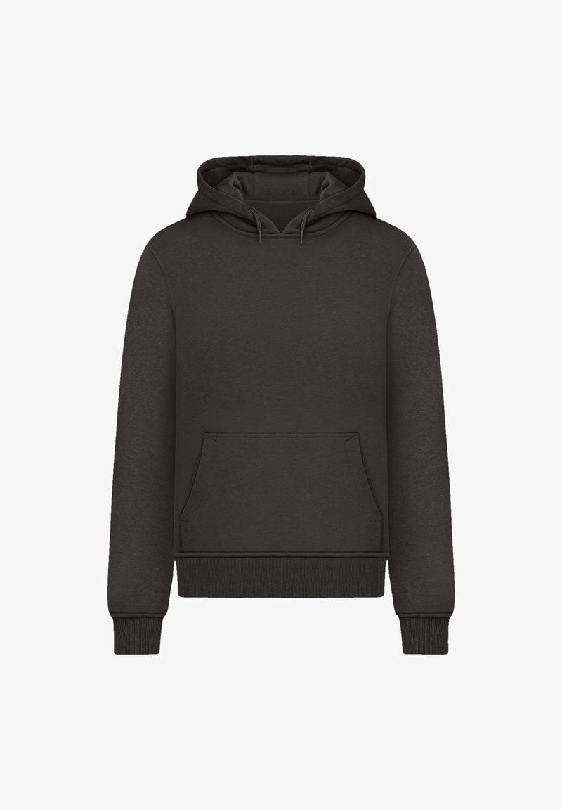 Pullover hoodie in dark gray fabric, featuring a spacious front pouch pocket, ribbed cuffs, and hem, with a drawstring-adjustable hood.
