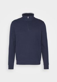Felpa blu navy con colletto alto e zip corta. Realizzata in tessuto morbido, presenta polsini a coste e un piccolo logo sul petto.