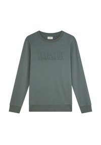 Groene sweatshirt met lange mouwen, geribbelde ronde hals en manchetten. Voorzien van verhoogde letters "SCALPERS COMPANY" op de voorkant. Glad materiaal.