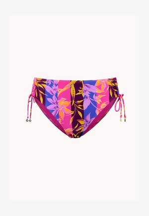 Bikini slip met een bloemenpatroon in roze, paars en blauw, voorzien van zijsnoeringen en decoratieve hardware voor een verstelbare pasvorm.