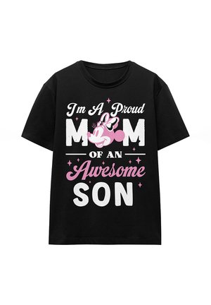 Black T-shirt with white and pink text saying "I'm a proud mom of an awesome son" featuring a pink cartoon mouse face with a bow.
