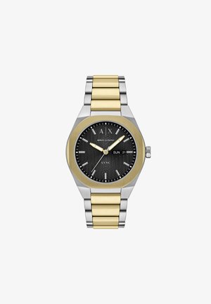 Zweifarbige Armbanduhr aus Silber- und Goldmetall mit schwarzem, strukturiertem Zifferblatt, goldfarbenen Zeigern, Tages- und Datumsanzeige mit Sonntag, dem 21., und Armani Exchange Logo.