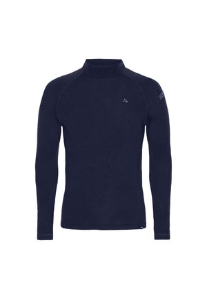 Maglietta termica a maniche lunghe blu navy con collo alto, realizzata in un tessuto morbido e testurizzato. Presenta maniche raglan e una branding minimale sul petto.
