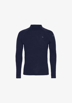 Maglietta termica a maniche lunghe blu navy con collo alto, realizzata in un tessuto morbido e testurizzato. Presenta maniche raglan e una branding minimale sul petto.