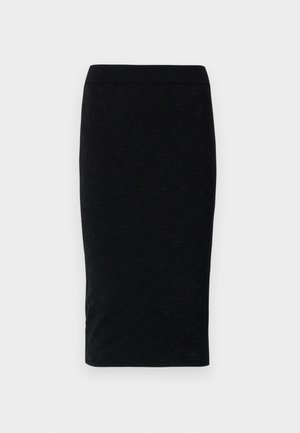 Juoda pieštuko sijonas su tekstūruotu raštu, tvirtu juosmeniu ir prigludusia forma. Medžiaga suteikia glotnų išvaizdą.