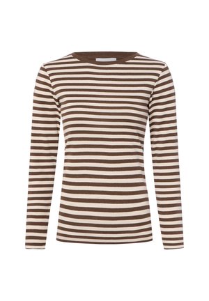 Long-sleeve shirt with brown and cream horizontal stripes and a round neckline on a white background.