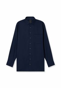 Marineblaue Hemdjacke mit langen Ärmeln, klassischem Kragen, einer Brusttasche, glatter Textur und dezentem Markenlogo auf der Tasche.