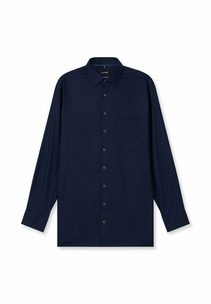 Marineblaue Hemdjacke mit langen Ärmeln, klassischem Kragen, einer Brusttasche, glatter Textur und dezentem Markenlogo auf der Tasche.