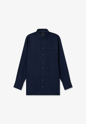 Marineblauw blousehemd met lange mouwen, klassieke kraag, een borstzak, gladde textuur en een subtiel merklogo op de zak.