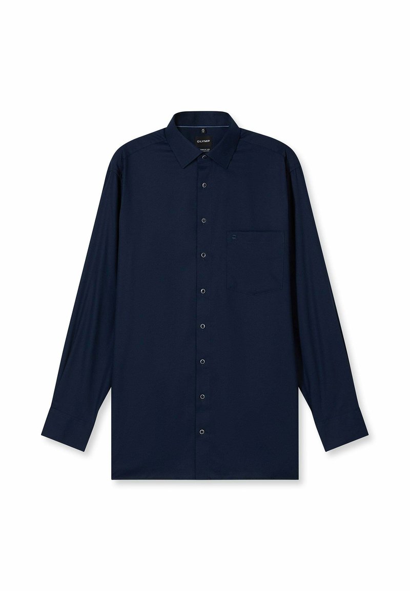 Marineblaue Hemdjacke mit langen Ärmeln, klassischem Kragen, einer Brusttasche, glatter Textur und dezentem Markenlogo auf der Tasche.