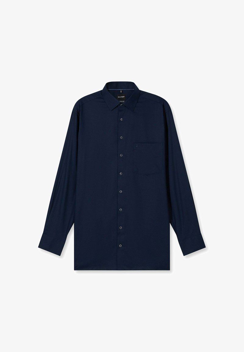 Marineblaue Hemdjacke mit langen Ärmeln, klassischem Kragen, einer Brusttasche, glatter Textur und dezentem Markenlogo auf der Tasche.