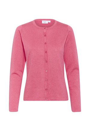 Rosa, langärmlige Strickjacke aus weichem Material mit rundem Ausschnitt und Knopfverschluss an der Vorderseite. Verfügt über sechs Knöpfe entlang der Mitte.