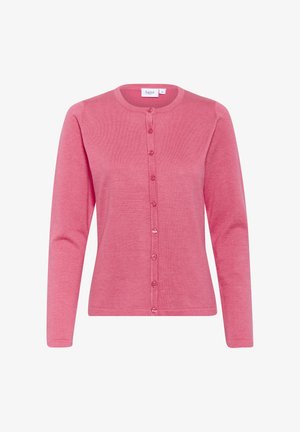 Lyserød, langærmet cardigan lavet af blødt materiale med rund halsudskæring og knaplukning foran. Har seks knapper langs midten.