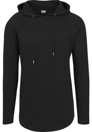 Sudadera negra con capucha, de manga larga, textura acanalada, cordones en el cuello y dobladillo curvado. Diseño clásico y minimalista.