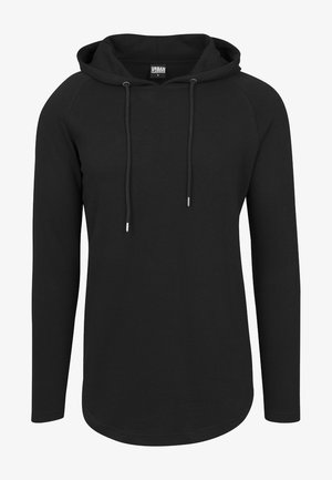 Zwarte hoodie met lange mouwen, geribbelde textuur, koorden bij de nek en een gebogen zoom. Klassiek, minimalistisch ontwerp.
