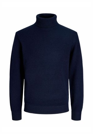 Pulover cu guler înalt de culoare bleumarin, fabricat dintr-un material tricotat texturat. Prezintă mansete și tiv cu dungi, cu un design ajustat și fără motive suplimentare.