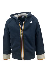 Felpa con cappuccio blu navy con fodera grigia, zip frontale con una striscia multicolore e polsini a coste con accenti gialli e rossi.