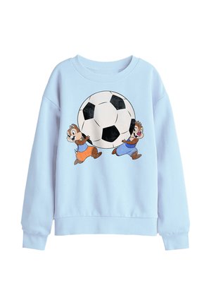 Light blue sweatshirt with two cartoon chipmunks pushing a large black and white soccer ball.
