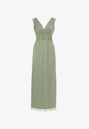 Vestido plisado en verde claro, con un escote en V profundo, tirantes anchos y una cintura imperio con un acabado texturizado. Largo.