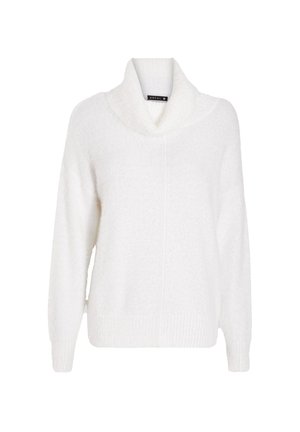 Weißer übergroßer Pullover mit Schalkragen. Weicher, strukturierter Stoff sowie gerippter Saum und Bündchen. Verfügt über eine zentrale Naht an der Vorderseite.