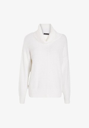 Maglione bianco oversize con collo a cowl. Tessuto morbido e testurizzato, con bordo e polsini a costine. Presenta una cucitura centrale sul davanti.