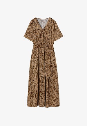 Rjava midi obleka z nepravilnimi črnimi pikami, kratkimi rokavi, V-izrezom in vrvico za pas.