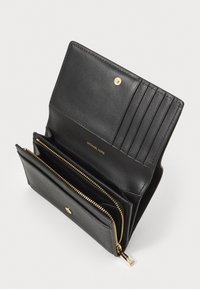 Black leather wallet with gold hardware, featuring multiple card slots, a zippered compartment, and a textured front panel.