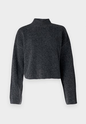 Rövidített, sötétszürke pulóver magas nyakkal és hosszú ujjal. Texturált kötött anyagból készült, finom mintázattal az egész felületen.