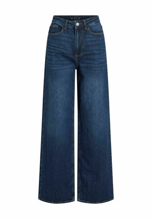 Brede pijpen spijkerbroeken van donkerblauwe denim met een hoge taille, voorzien van een ritsluiting, voorzakken en zichtbare stikseldetails.