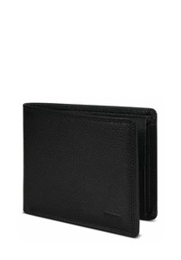 Zwarte, gestructureerde leren bi-fold portemonnee met zichtbare stiksels en een klein reliëf merklogo op de voorhoek.