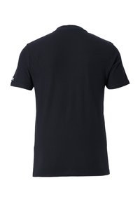 Czarna krótko rękawowa koszulka z bawełny, z okrągłym dekoltem, o gładkiej teksturze i małym logo na lewym ramieniu.