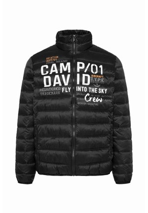 Black puffer jacket with a high collar and zip closure. Features various white and orange graphic prints on the front, with stitched panels.