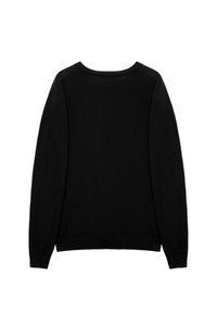 Pull noir à manches longues avec col rond, poignets et ourlet côtelés, vu de dos sur fond blanc.