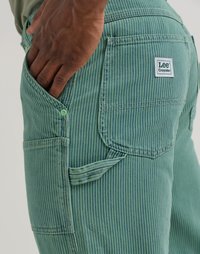 Green striped cargo pants featuring multiple pockets, a Lee Crayola logo patch, and a textured cotton fabric.