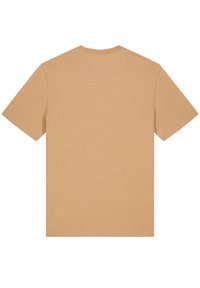 Tan korte mouw T-shirt van katoen, met een ronde halslijn en een effen achterkant zonder patronen of accenten.