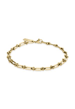 Gouden armband met verbonden ovale vormen en kleine ronde accenten. Simpele sluiting en een aangehecht label. Glad, gepolijst oppervlak.