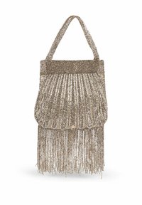 Perlebetonet metallic guld håndtaske med en struktureret frynse-detalje, der har en flad bund og to korte håndtag til bæring.
