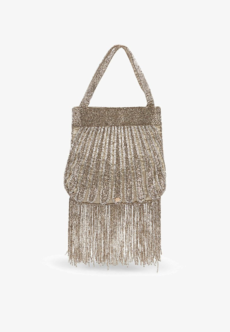 Perlenbesetzte metallische goldene Handtasche mit strukturiertem Fransen-Detail, ausgestattet mit einem flachen Boden und zwei kurzen Griffen zum Tragen.