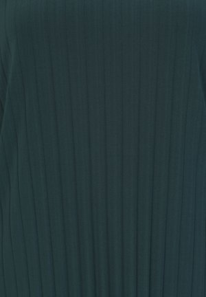 Dark green ribbed fabric, featuring vertical stripes and a smooth texture, creating a structured appearance throughout the garment.